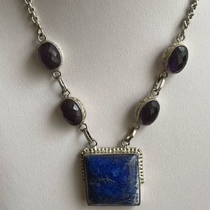 Silver necklace with lapis and amethyst size 18”